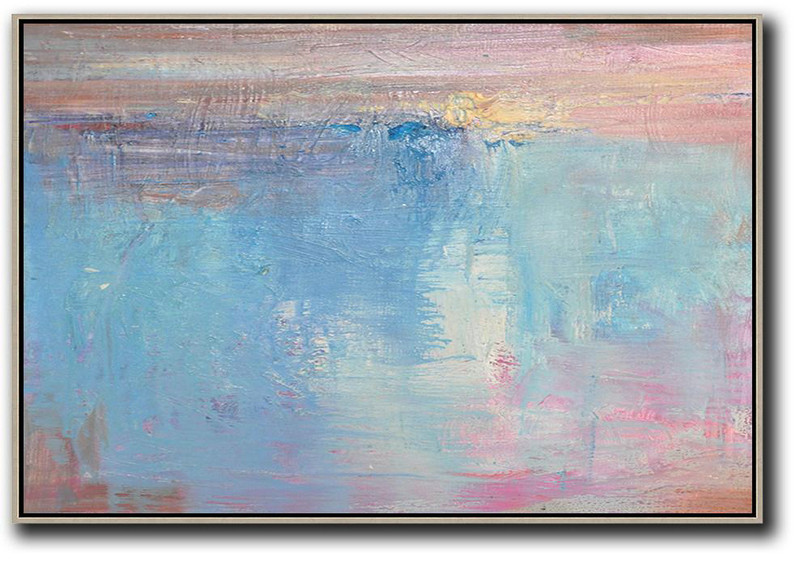 Oversized Horizontal Contemporary Art,Abstract Oil Painting,Sky Blue,Pink,White